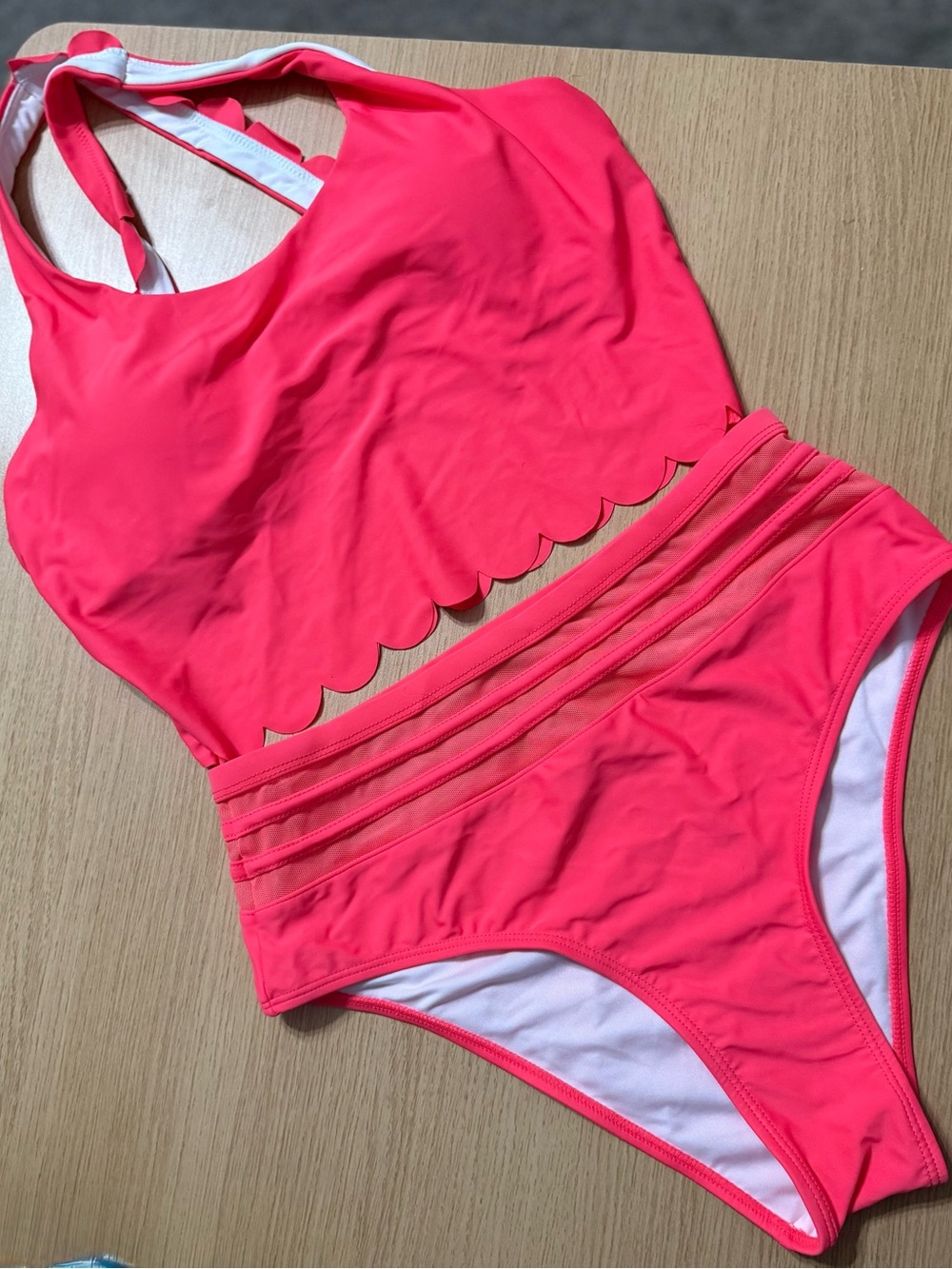 High Neck Scalloped Waist Two-Piece Swimsuit - Neon Pink